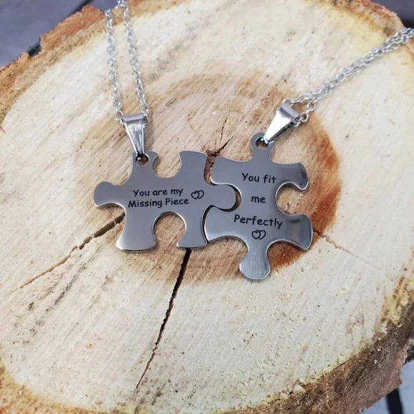 Couples Puzzle Piece Necklaces, Missing Pieces and Fit Perfectly - Picture 2 of 9